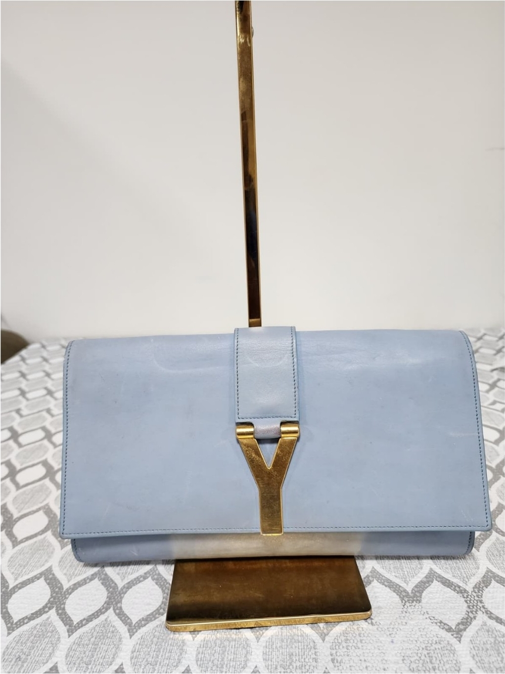 YVES SAINT LAURENT Calfskin Leather Ligne Y Clutch Bag Blue